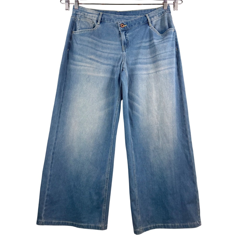 Halara Wide Leg cross waist Light Wash Cropped jeans 90s boho sz L